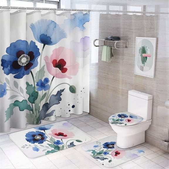 Chilfamy 4PCS Boho Roses Blue White Waterproof Shower Curtain Sets with Hooks,Bathroom Sets with Non-Slip Rugs,Toilet Lid Cover and Bath Mat