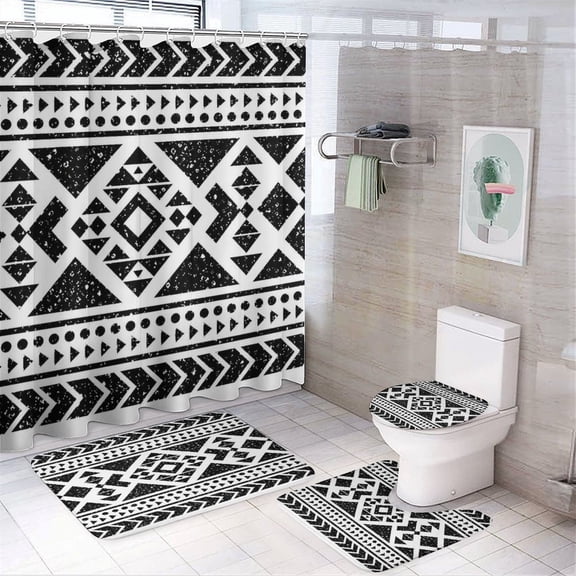 Chilfamy 4PCS Bold Black White Stripe Geo Waterproof Shower Curtain Sets with Hooks,Bathroom Sets with Non-Slip Rugs,Toilet Lid Cover and Bath Mat