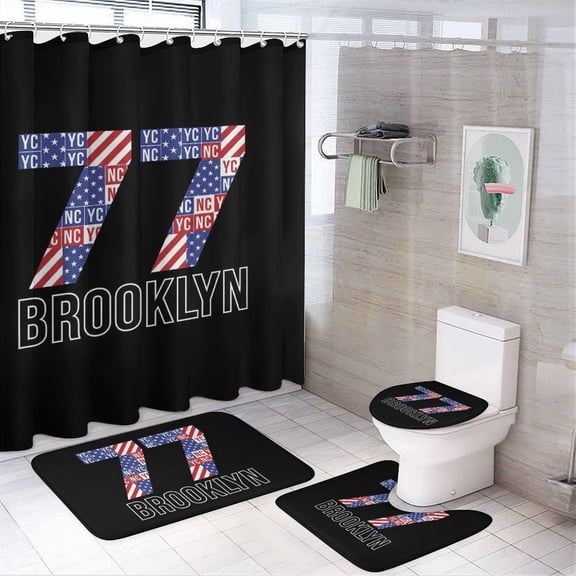 Chilfamy 4PCS Brooklyn 77 Flag Mosaic Typography Waterproof Shower Curtain Sets with Hooks,Bathroom Sets with Non-Slip Rugs,Toilet Lid Cover and Bath Mat