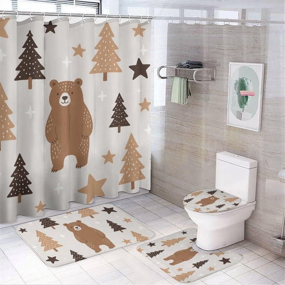 Chilfamy 4PCS Brown Bear And Trees Waterproof Shower Curtain Sets with Hooks,Bathroom Sets with Non-Slip Rugs,Toilet Lid Cover and Bath Mat