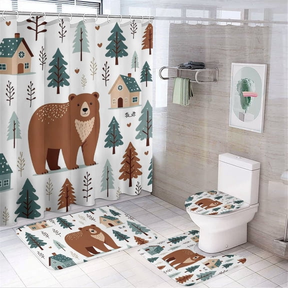 Chilfamy 4PCS Brown Bear In Woodland Pattern Waterproof Shower Curtain Sets with Hooks,Bathroom Sets with Non-Slip Rugs,Toilet Lid Cover and Bath Mat