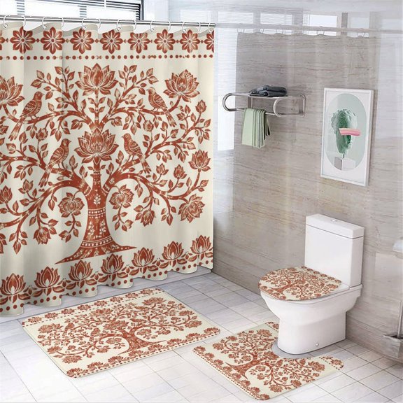 Chilfamy 4PCS Brown Tree Birds Block Print Waterproof Shower Curtain Sets with Hooks,Bathroom Sets with Non-Slip Rugs,Toilet Lid Cover and Bath Mat