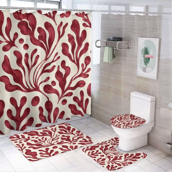 Chilfamy 4PCS Burgundy Abstract Floral Pattern Waterproof Shower Curtain Sets with Hooks,Bathroom Sets with Non-Slip Rugs,Toilet Lid Cover and Bath Mat