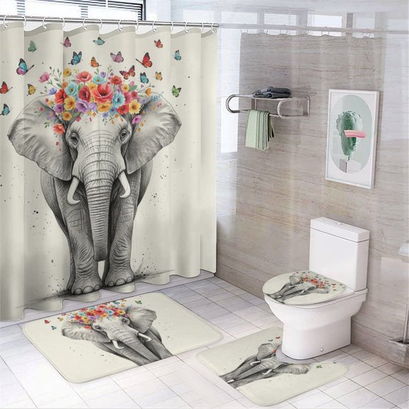 Chilfamy 4PCS Butterfly And Elephant Waterproof Shower Curtain Sets with Hooks,Bathroom Sets with Non-Slip Rugs,Toilet Lid Cover and Bath Mat