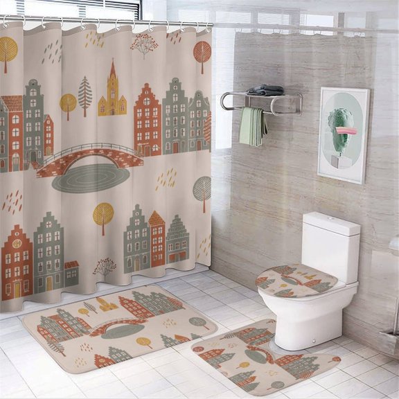 Chilfamy 4PCS Canal Bridge Town Waterproof Shower Curtain Sets with Hooks,Bathroom Sets with Non-Slip Rugs,Toilet Lid Cover and Bath Mat