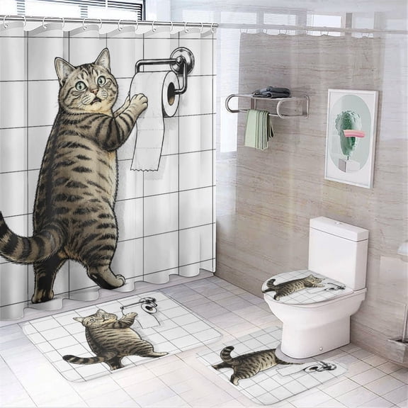 Chilfamy 4PCS Cat Standing Reach Faucet White Waterproof Shower Curtain Sets with Hooks,Bathroom Sets with Non-Slip Rugs,Toilet Lid Cover and Bath Mat