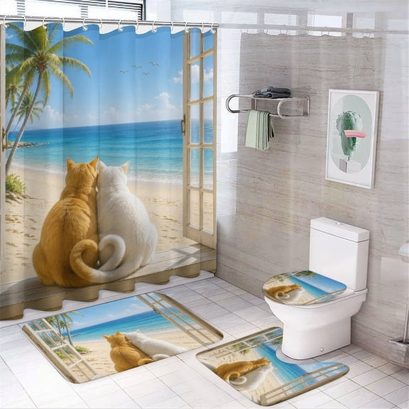 Chilfamy 4PCS Cats Beach Window Ocean Waterproof Shower Curtain Sets with Hooks,Bathroom Sets with Non-Slip Rugs,Toilet Lid Cover and Bath Mat