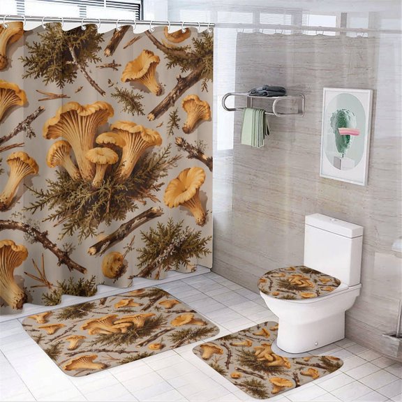 Chilfamy 4PCS Chanterelle Mushroom Forest Pattern Waterproof Shower Curtain Sets with Hooks,Bathroom Sets with Non-Slip Rugs,Toilet Lid Cover and Bath Mat