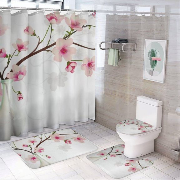 Chilfamy 4PCS Cherry Blossom Branch Vase Waterproof Shower Curtain Sets with Hooks,Bathroom Sets with Non-Slip Rugs,Toilet Lid Cover and Bath Mat