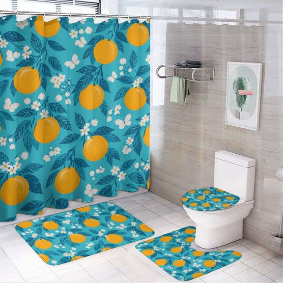 Chilfamy 4PCS Citrus Blossom Pattern Waterproof Shower Curtain Sets with Hooks,Bathroom Sets with Non-Slip Rugs,Toilet Lid Cover and Bath Mat