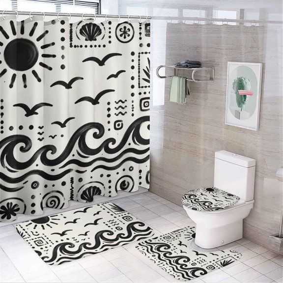 Chilfamy 4PCS Coastal Doodle Pattern With Waves Waterproof Shower Curtain Sets with Hooks,Bathroom Sets with Non-Slip Rugs,Toilet Lid Cover and Bath Mat