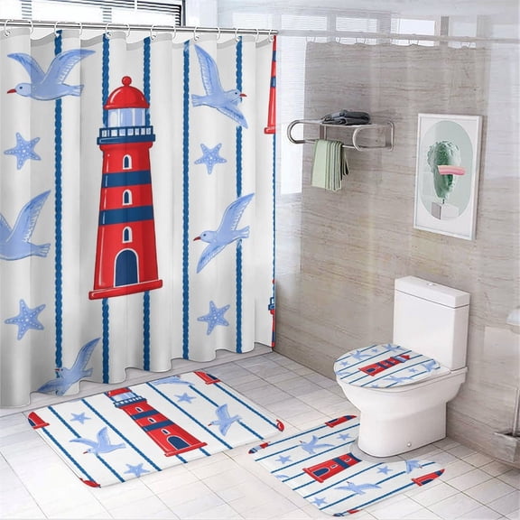 Chilfamy 4PCS Coastal Lighthouse And Seagulls Pattern Waterproof Shower Curtain Sets with Hooks,Bathroom Sets with Non-Slip Rugs,Toilet Lid Cover and Bath Mat