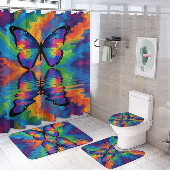 Chilfamy 4PCS Colorful Butterfly Waterproof Shower Curtain Sets with Hooks,Bathroom Sets with Non-Slip Rugs,Toilet Lid Cover and Bath Mat