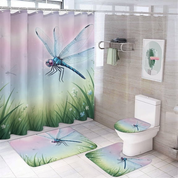 Chilfamy 4PCS Colorful Dragonfly Waterproof Shower Curtain Sets with Hooks,Bathroom Sets with Non-Slip Rugs,Toilet Lid Cover and Bath Mat