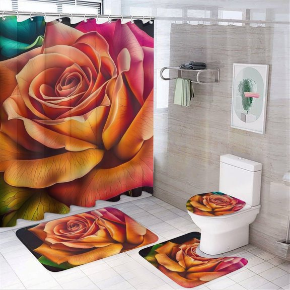 Chilfamy 4PCS Colorful Rose Dark Waterproof Shower Curtain Sets with Hooks,Bathroom Sets with Non-Slip Rugs,Toilet Lid Cover and Bath Mat