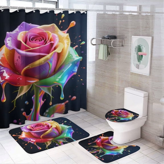 Chilfamy 4PCS Colorful Rose Waterproof Shower Curtain Sets with Hooks,Bathroom Sets with Non-Slip Rugs,Toilet Lid Cover and Bath Mat