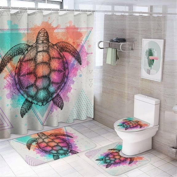 Chilfamy 4PCS Colorful Sea Turtle Geometric Design Waterproof Shower Curtain Sets with Hooks,Bathroom Sets with Non-Slip Rugs,Toilet Lid Cover and Bath Mat