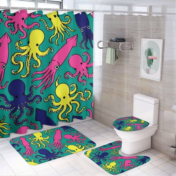 Chilfamy 4PCS Colorful Squid Pattern Waterproof Shower Curtain Sets with Hooks,Bathroom Sets with Non-Slip Rugs,Toilet Lid Cover and Bath Mat