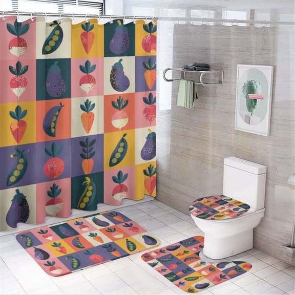 Chilfamy 4PCS Colorful Vegetable Grid Pattern Waterproof Shower Curtain Sets with Hooks,Bathroom Sets with Non-Slip Rugs,Toilet Lid Cover and Bath Mat