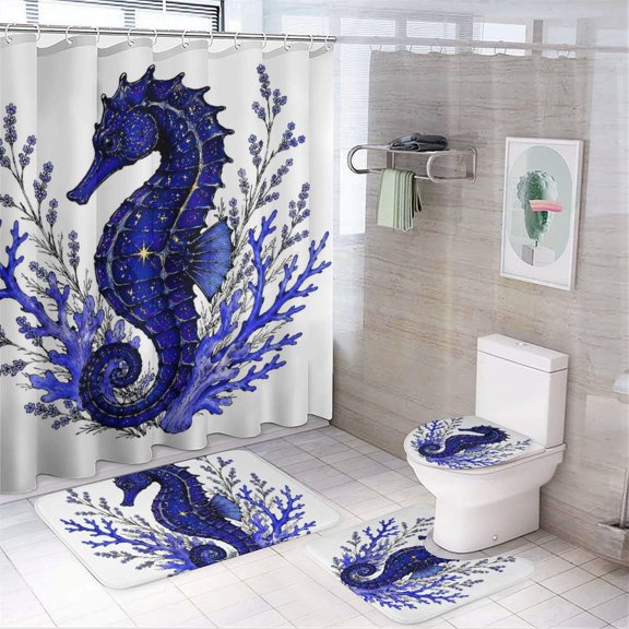 Chilfamy 4PCS Cosmic Blue Seahorse With Coral Waterproof Shower Curtain Sets with Hooks,Bathroom Sets with Non-Slip Rugs,Toilet Lid Cover and Bath Mat