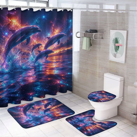 Chilfamy 4PCS Cosmic Dolphins Leaping At Twilight Waterproof Shower Curtain Sets with Hooks,Bathroom Sets with Non-Slip Rugs,Toilet Lid Cover and Bath Mat