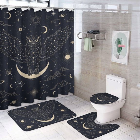 Chilfamy 4PCS Cosmic Owl Perched On Crescent Moon Waterproof Shower Curtain Sets with Hooks,Bathroom Sets with Non-Slip Rugs,Toilet Lid Cover and Bath Mat