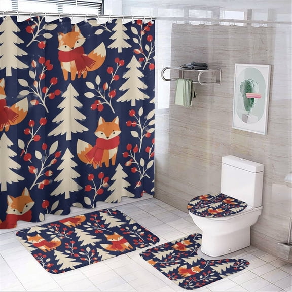 Chilfamy 4PCS Cozy Foxes In Snowy Forest Pattern Waterproof Shower Curtain Sets with Hooks,Bathroom Sets with Non-Slip Rugs,Toilet Lid Cover and Bath Mat
