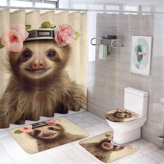 Chilfamy 4PCS Cute Sloth Flower Crown Waterproof Shower Curtain Sets with Hooks,Bathroom Sets with Non-Slip Rugs,Toilet Lid Cover and Bath Mat