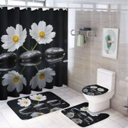 Chilfamy 4PCS Daisy Stone on Water Waterproof Shower Curtain Sets with Hooks,Bathroom Sets with Non-Slip Rugs,Toilet Lid Cover and Bath Mat