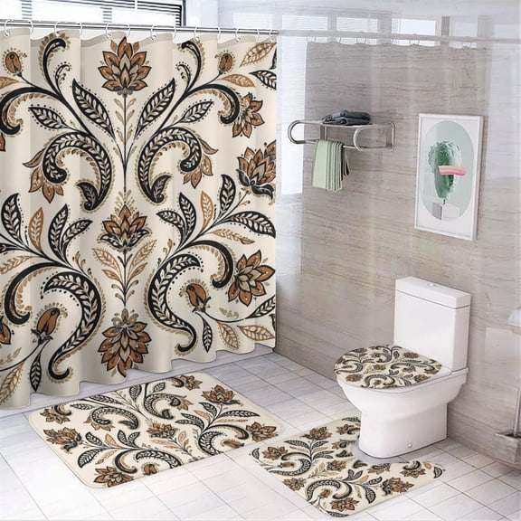 Chilfamy 4PCS Damask Floral Scroll Pattern Sepia Waterproof Shower Curtain Sets with Hooks,Bathroom Sets with Non-Slip Rugs,Toilet Lid Cover and Bath Mat