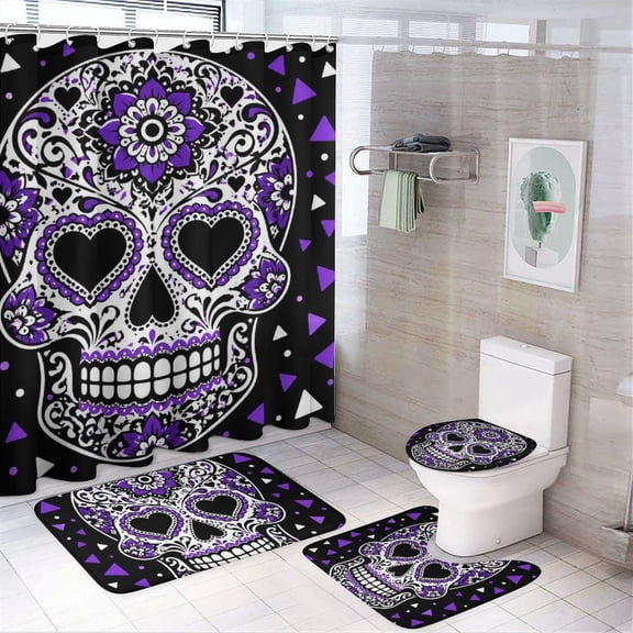 Chilfamy 4PCS Decorative Sugar Skull Portrait Waterproof Shower Curtain Sets with Hooks,Bathroom Sets with Non-Slip Rugs,Toilet Lid Cover and Bath Mat