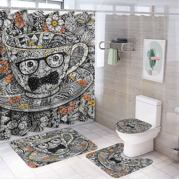Chilfamy 4PCS Doodle Floral Sloth Waterproof Shower Curtain Sets with Hooks,Bathroom Sets with Non-Slip Rugs,Toilet Lid Cover and Bath Mat