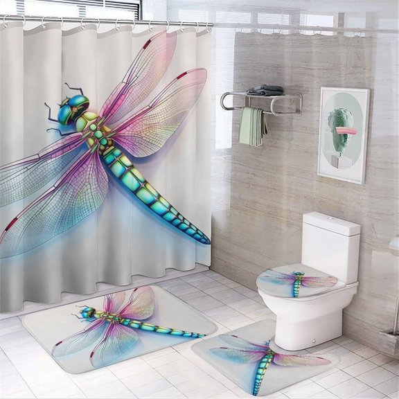 Chilfamy 4PCS Dragonfly Realistic Insect Art Waterproof Shower Curtain Sets with Hooks,Bathroom Sets with Non-Slip Rugs,Toilet Lid Cover and Bath Mat