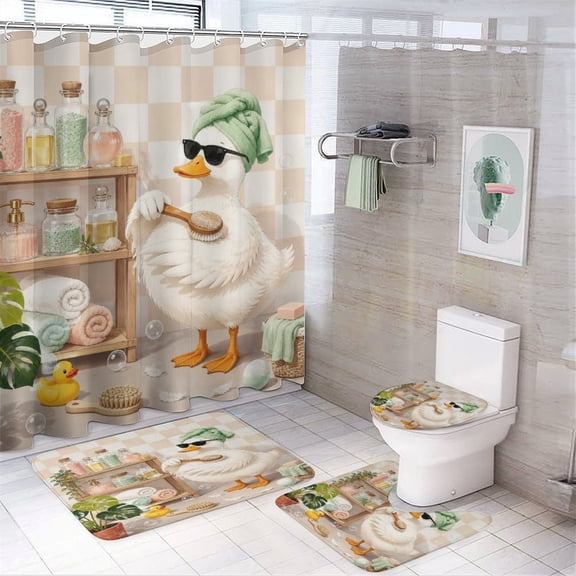 Chilfamy 4PCS Duck Bath Oils Towels Luxury Spa Waterproof Shower Curtain Sets with Hooks,Bathroom Sets with Non-Slip Rugs,Toilet Lid Cover and Bath Mat