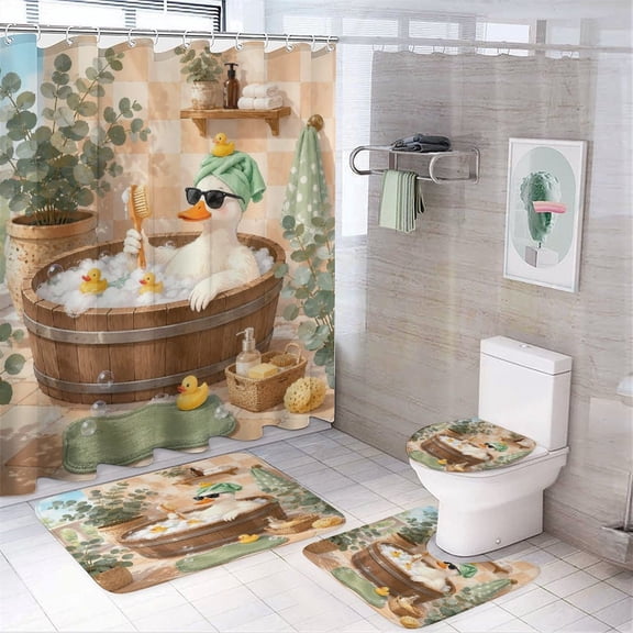 Chilfamy 4PCS Duck Wooden Bathtub Outdoor Garden Waterproof Shower Curtain Sets with Hooks,Bathroom Sets with Non-Slip Rugs,Toilet Lid Cover and Bath Mat