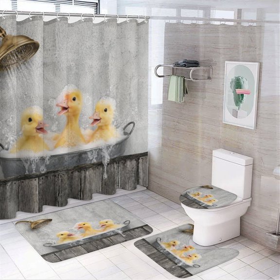 Chilfamy 4PCS Ducklings Shower Bath Bubbles Waterproof Shower Curtain Sets with Hooks,Bathroom Sets with Non-Slip Rugs,Toilet Lid Cover and Bath Mat