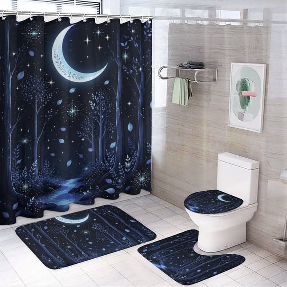 Chilfamy 4PCS Enchanted Forest Stream Under Glowing Moon Waterproof Shower Curtain Sets with Hooks,Bathroom Sets with Non-Slip Rugs,Toilet Lid Cover and Bath Mat