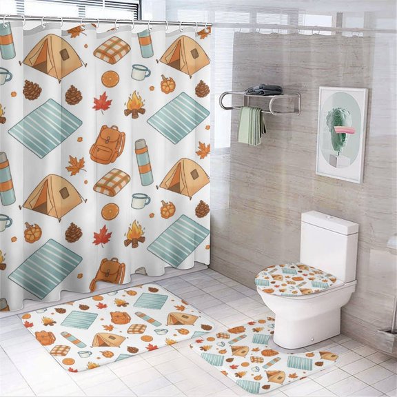 Chilfamy 4PCS Fall Camping Adventure Waterproof Shower Curtain Sets with Hooks,Bathroom Sets with Non-Slip Rugs,Toilet Lid Cover and Bath Mat