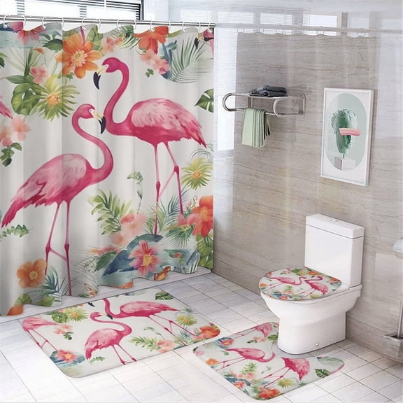 Chilfamy 4PCS Flamingos Flowers Tropical Vintage Waterproof Shower Curtain Sets with Hooks,Bathroom Sets with Non-Slip Rugs,Toilet Lid Cover and Bath Mat