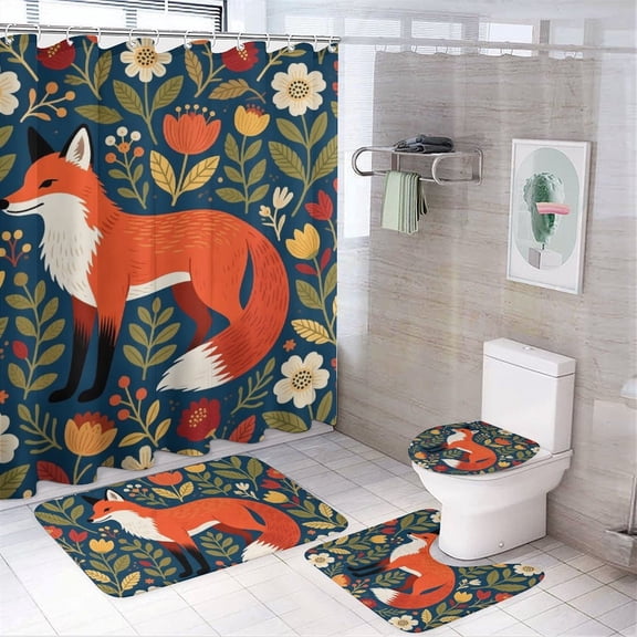 Chilfamy 4PCS Forest Flowers Leaves Cute Fox Waterproof Shower Curtain Sets with Hooks,Bathroom Sets with Non-Slip Rugs,Toilet Lid Cover and Bath Mat