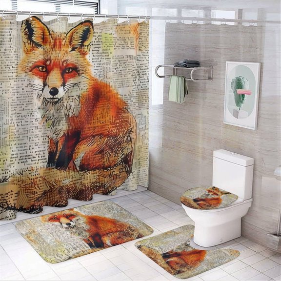 Chilfamy 4PCS Fox Portrait Typography Collage Art Waterproof Shower Curtain Sets with Hooks,Bathroom Sets with Non-Slip Rugs,Toilet Lid Cover and Bath Mat