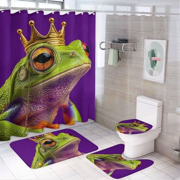 Chilfamy 4PCS Frog Prince With Crown Waterproof Shower Curtain Sets with Hooks,Bathroom Sets with Non-Slip Rugs,Toilet Lid Cover and Bath Mat