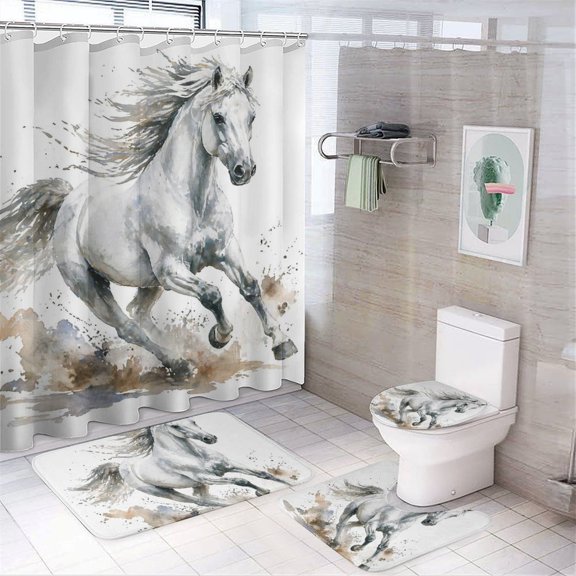 Chilfamy 4PCS Galloping White Horse Splash Waterproof Shower Curtain Sets with Hooks,Bathroom Sets with Non-Slip Rugs,Toilet Lid Cover and Bath Mat