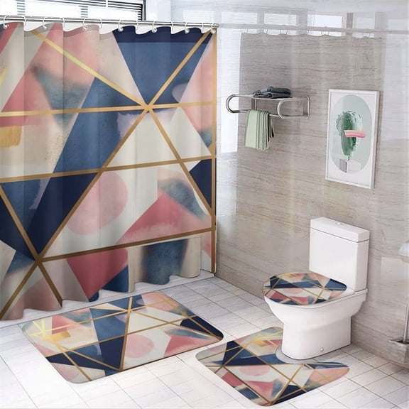 Chilfamy 4PCS Geometric Abstract Watercolor Gold Waterproof Shower Curtain Sets with Hooks,Bathroom Sets with Non-Slip Rugs,Toilet Lid Cover and Bath Mat