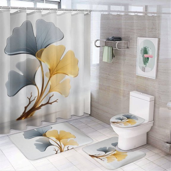 Chilfamy 4PCS Gold Ginkgo Biloba Leaf Plant Abstract Waterproof Shower Curtain Sets with Hooks, Bathroom Sets with Non-Slip Rugs,Toilet Lid Cover and Bath Mat