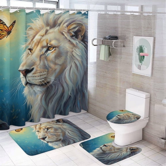 Chilfamy 4PCS Gray White Lion And Butterfly Waterproof Shower Curtain Sets with Hooks,Bathroom Sets with Non-Slip Rugs,Toilet Lid Cover and Bath Mat