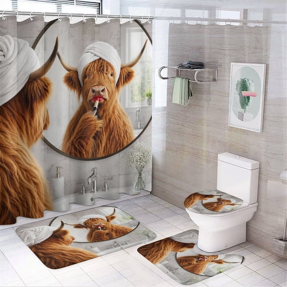 Chilfamy 4PCS Highland Cow Lipstick Mirror Waterproof Shower Curtain Sets with Hooks,Bathroom Sets with Non-Slip Rugs,Toilet Lid Cover and Bath Mat