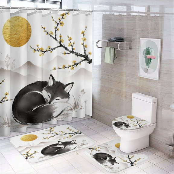 Chilfamy 4PCS Ink Fox Sleeping Plum Blossom Waterproof Shower Curtain Sets with Hooks,Bathroom Sets with Non-Slip Rugs,Toilet Lid Cover and Bath Mat
