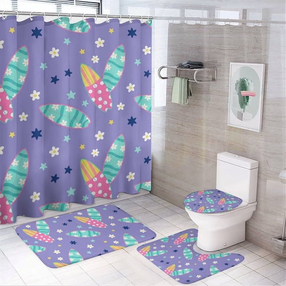 Chilfamy 4PCS Kawaii Groovy Surfboard & Daisy Bloom Waterproof Shower Curtain Sets with Hooks,Bathroom Sets with Non-Slip Rugs,Toilet Lid Cover and Bath Mat