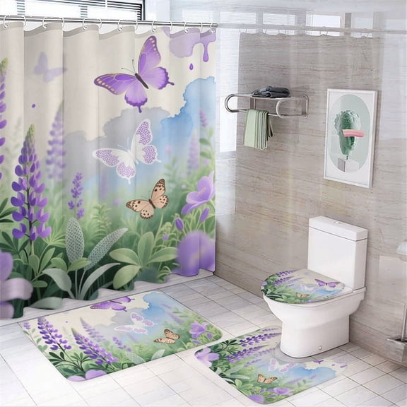 Chilfamy 4PCS Lavender Purple Waterproof Shower Curtain Sets with Hooks,Bathroom Sets with Non-Slip Rugs,Toilet Lid Cover and Bath Mat